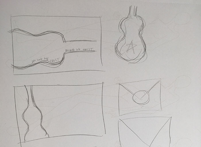 Sketches of flag designs where a guitar is the main element